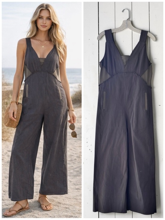 eesome Pants - EE:Some Gray Wide Leg Overalls Small Cotton Blend Utility Jumpsuit Strappy Boho